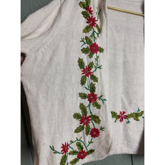 Vintage 90s Embroidered Poinsettia Holiday Open Cardigan Boho - Picture 3 of 5